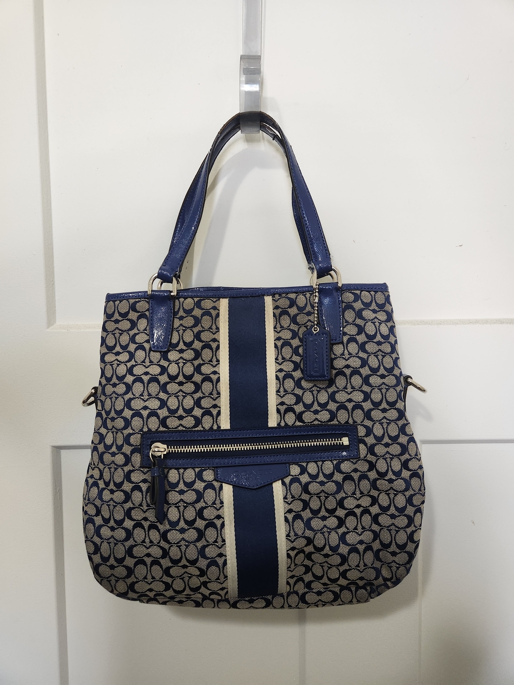 COACH Signature Stripe Foldover Crossbody Bag with Navy & Cream Stripe